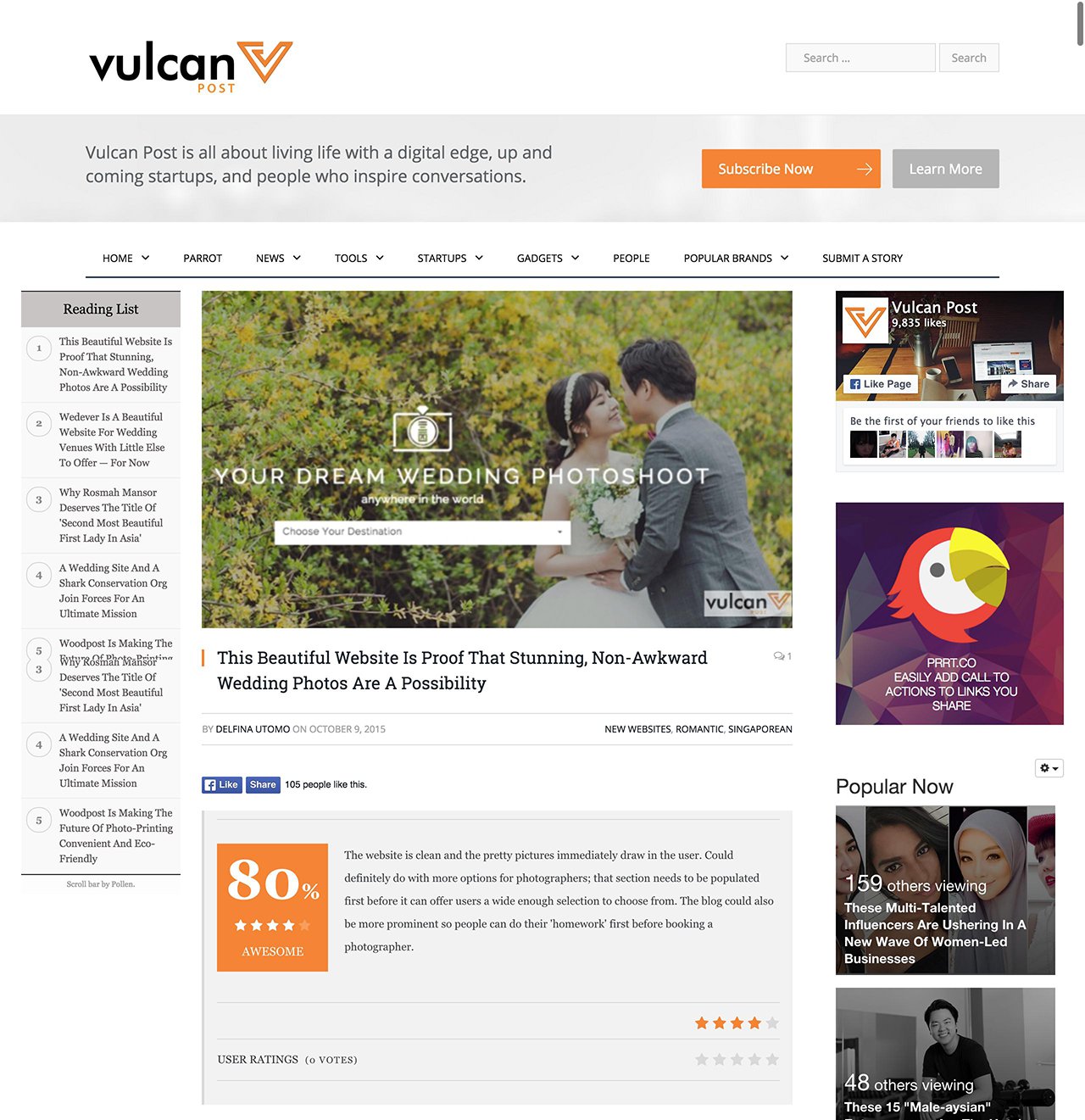 Screenshot of feature wedding photography website – OneThreeOneFour – on Vulcan Post