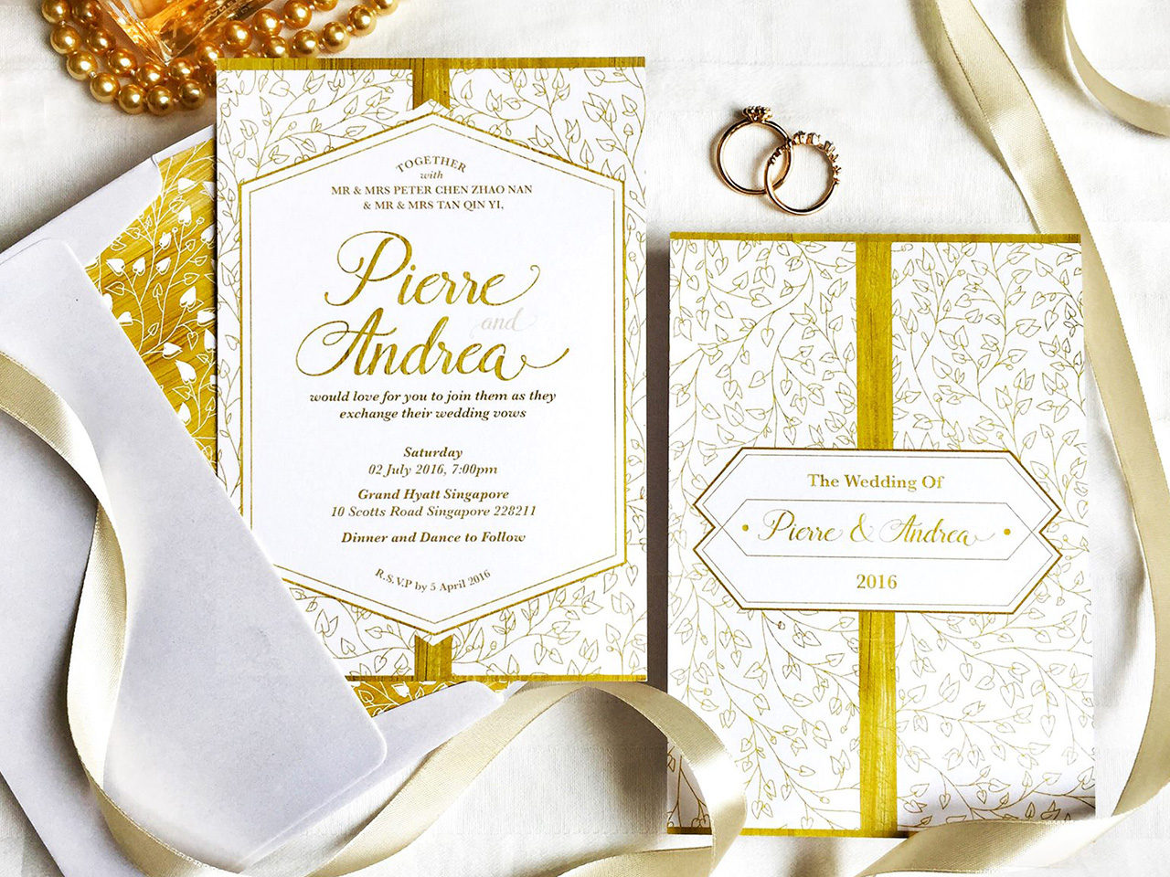 gold botanic inspired wedding invitation card miraculove singapore