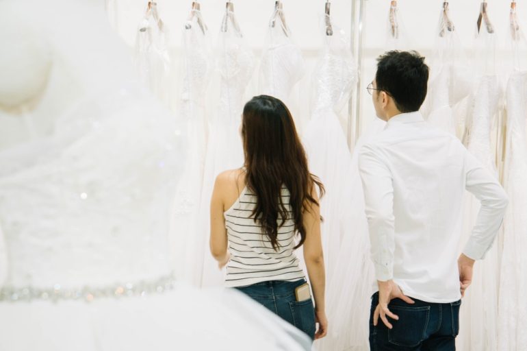 selecting wedding dresses at the gown warehouse