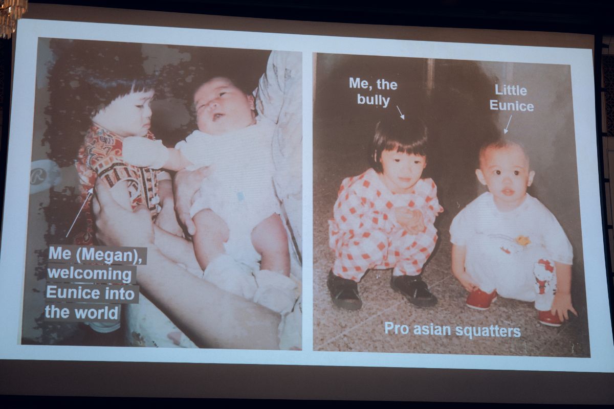 Bride’s baby photo shown on the projector during the wedding banquet
