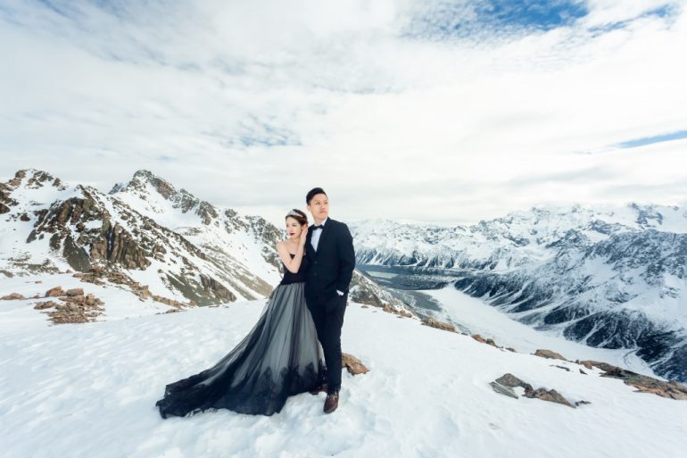 black wedding gown snow mountain new zealand