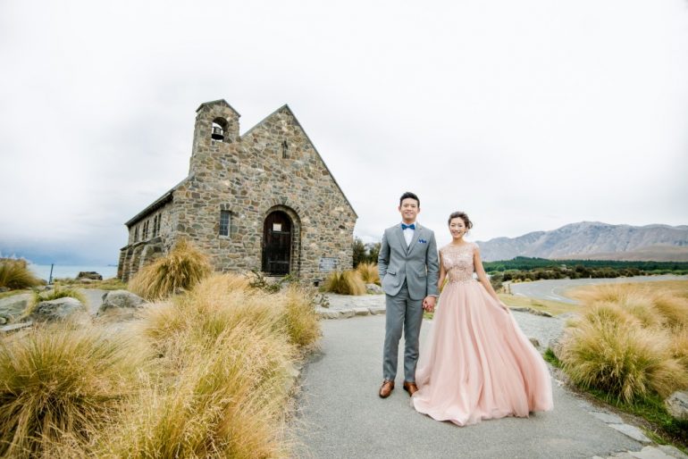 pink wedding dress chapel in new zealand