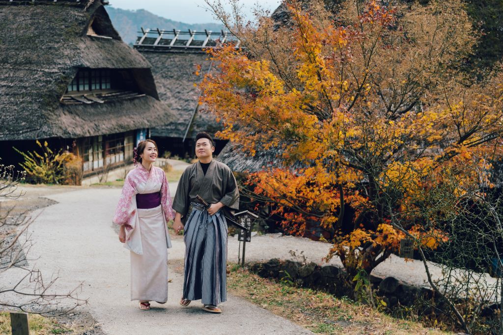 tokyo autumn kimono wedding photoshoot Iyashinosato Village
