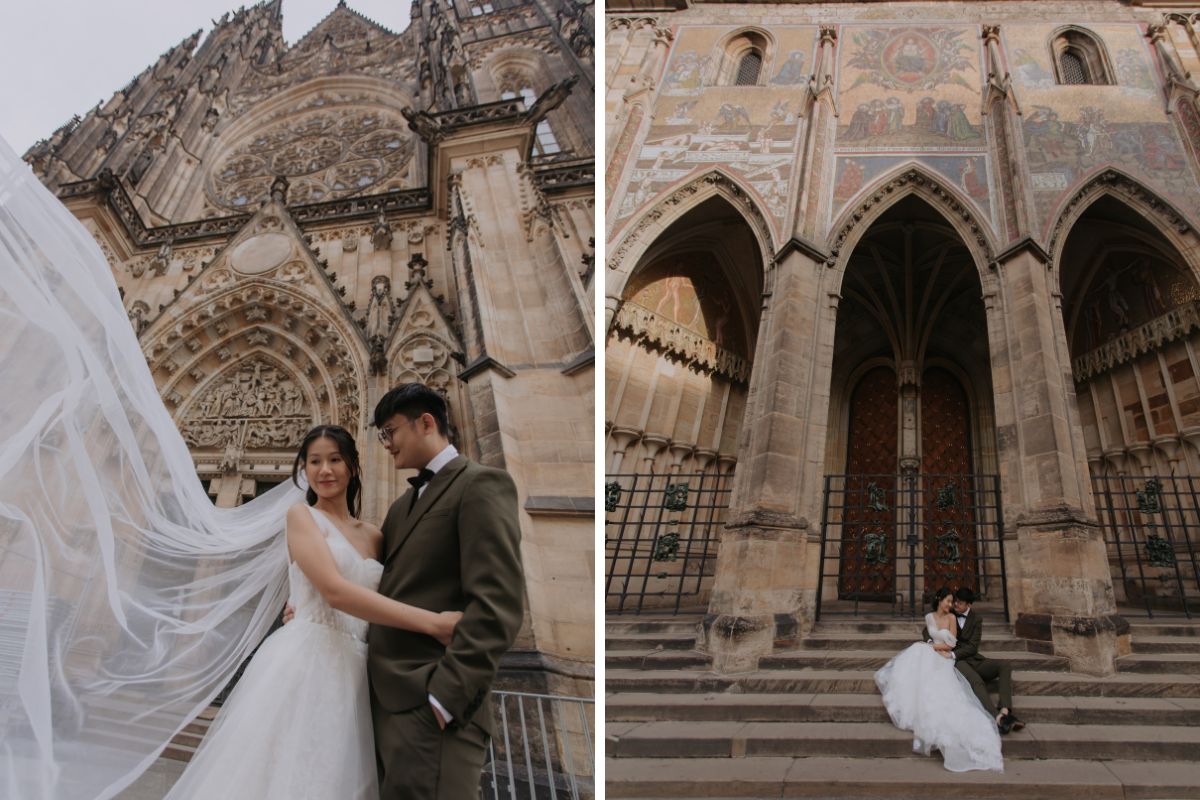 Couple posing in front of St. Vitus Cathedral during their pre-wedding shoot in Prague