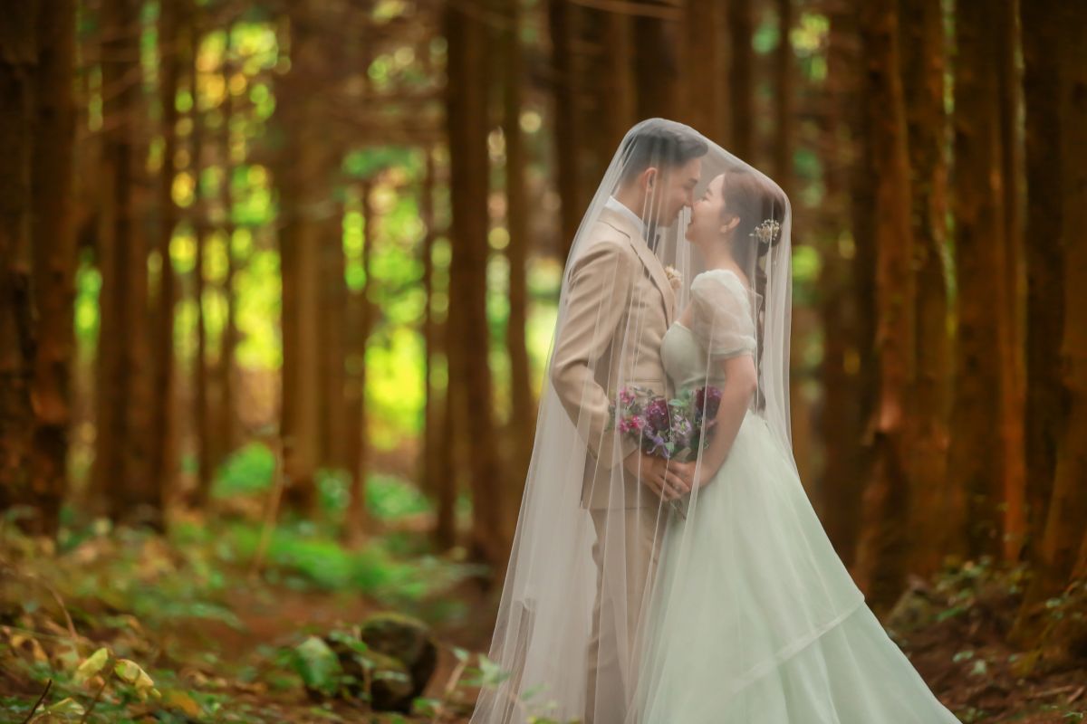 Couple pre-wedding photoshoot in the lush Saryeoni Forest, Jeju