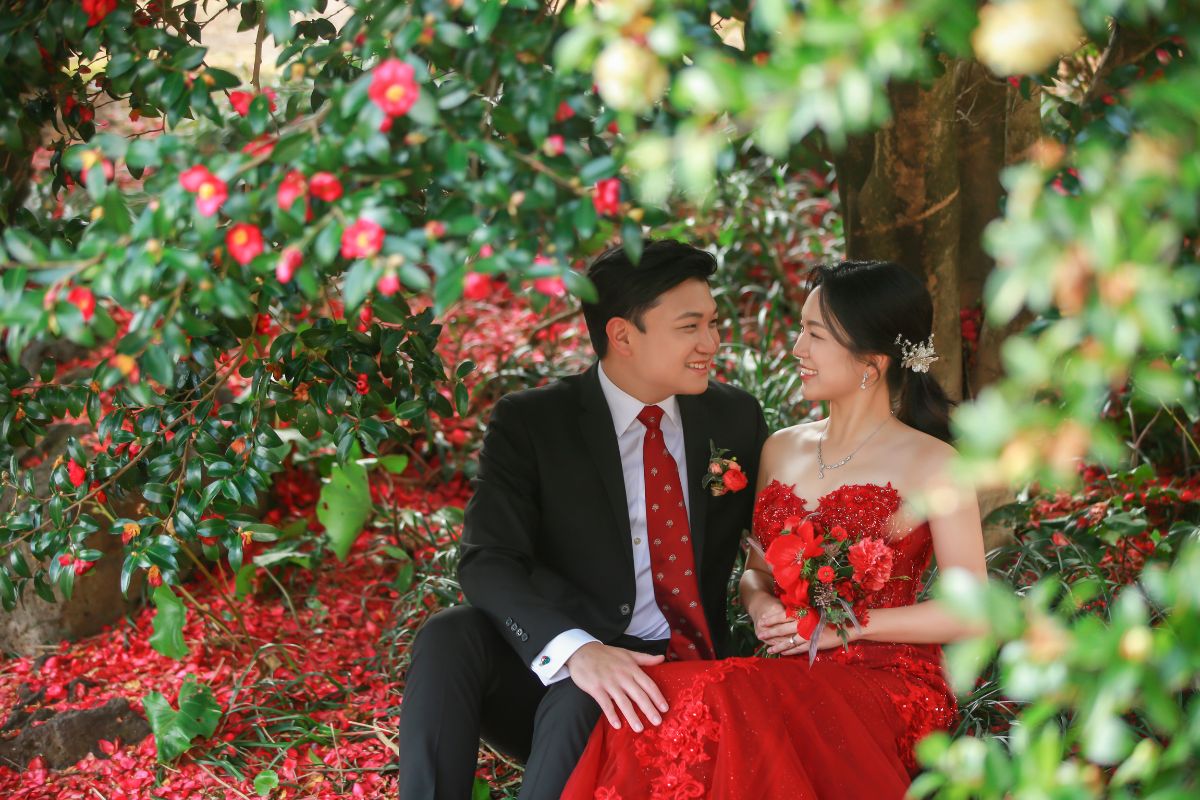 Romantic pre-wedding shoot at Camellia Hill, Jeju’s famous flower garden