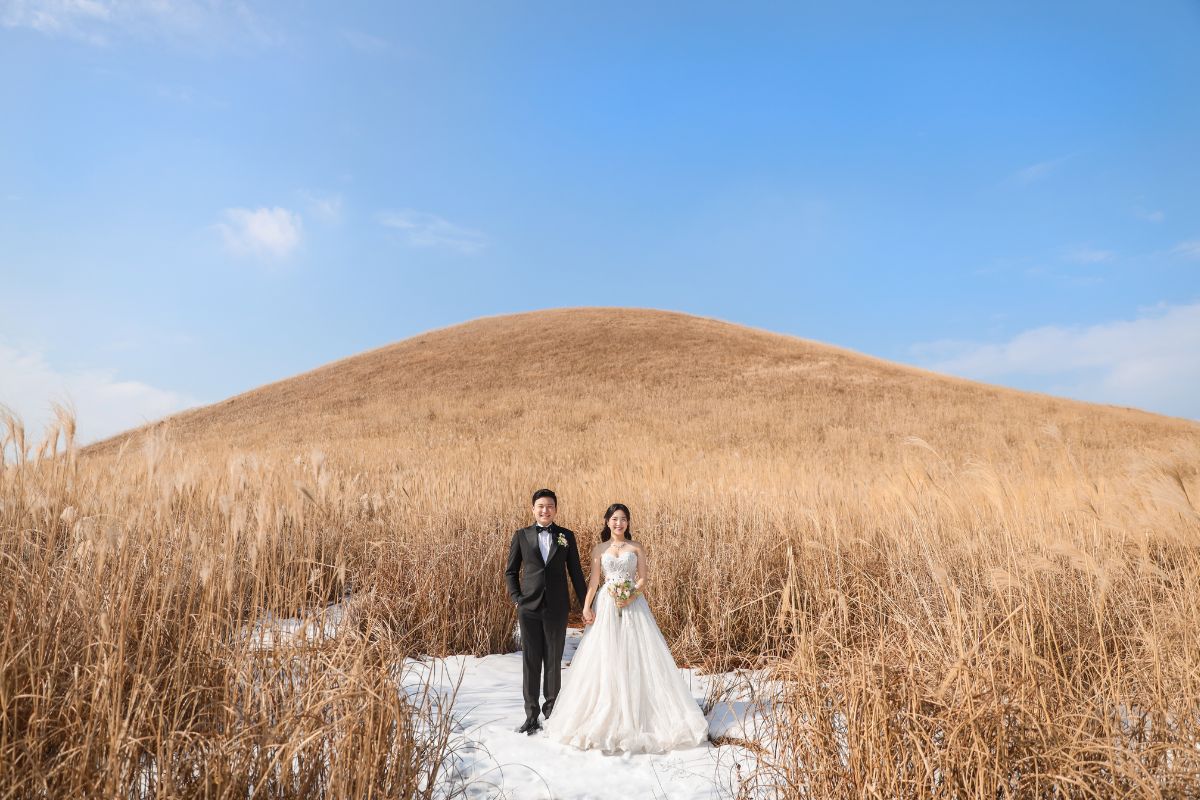 Couple pre-wedding photoshoot on the scenic slopes of Saebyeol Oreum, Jeju