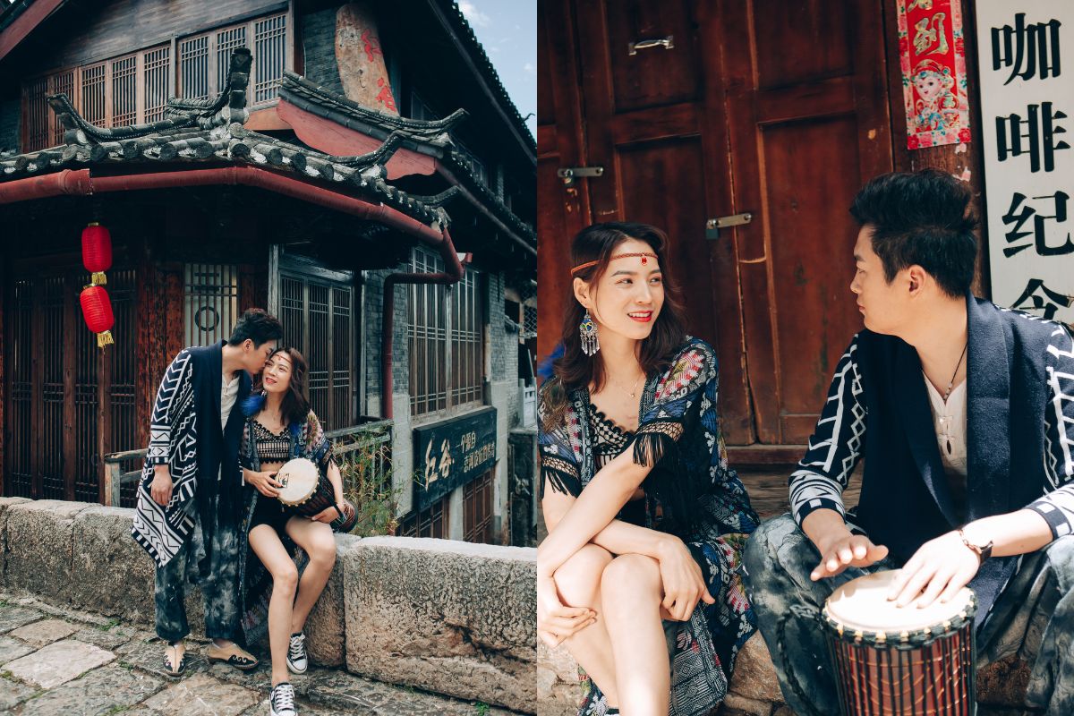 Couple wearing traditional attire for their pre-wedding photoshoot in an ancient town in Yunnan