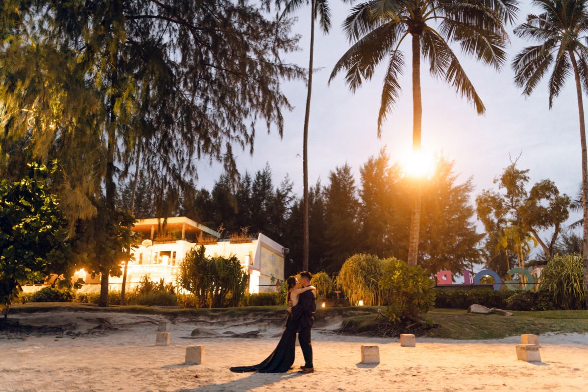 Couple posing for a pre-wedding shoot at the Anmon Resort in Bintan