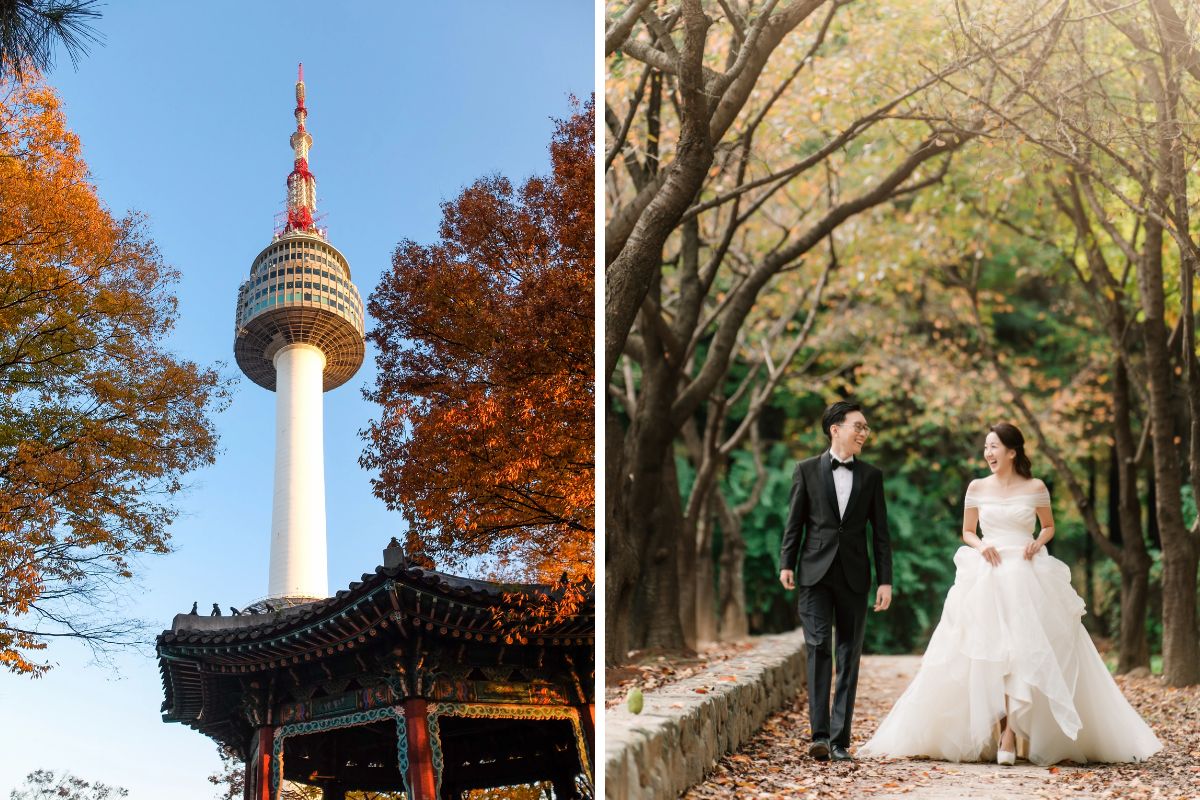 Seoul Tower picture and a couple enjoying a pre-wedding photoshoot at Seoul Forest during autumn.