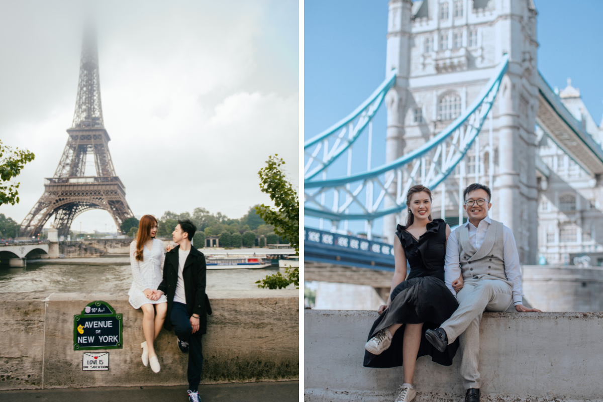 Couples having pre-wedding photoshoot in front of Eiffel Tower and Tower Bridge