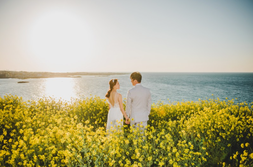 Couple having a pre-wedding photoshoot in a canola flower field in Jeju Island