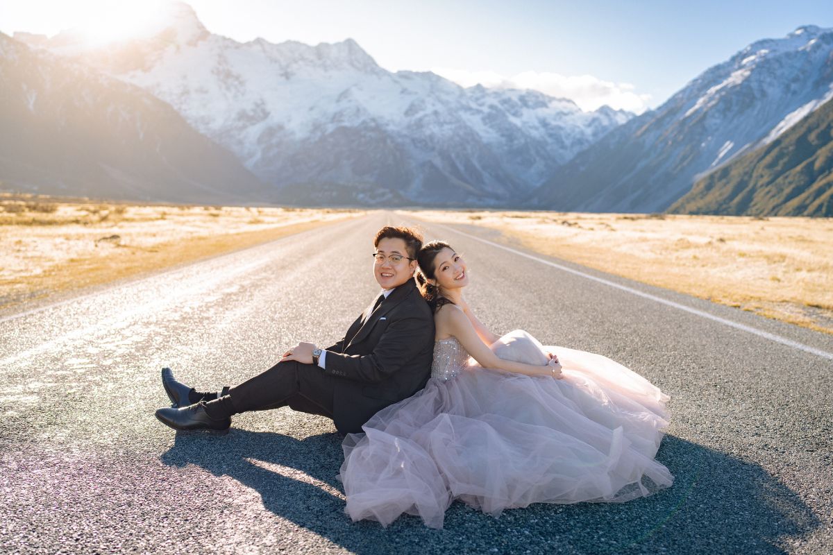 New Zealand pre-wedding shoot with couple in scenic landscape
