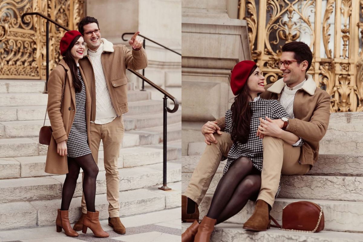Couple dressed in elegant, timeless outfits with a classic Parisian flair, posing against charming city backdrops